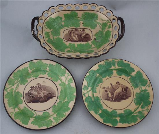 A Davenport Drabware supper dish and two plates and a Staffordshire Drabware dessert dish and two plates, early 19th century, dish 24.5